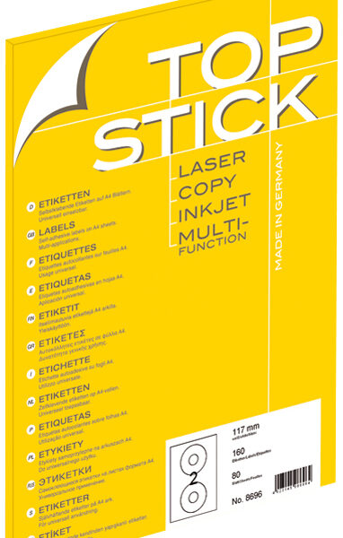 TOP STICK CD/DVD-etiketten, diameter: 117 mm rond, 100 vel A4, permanent, wit