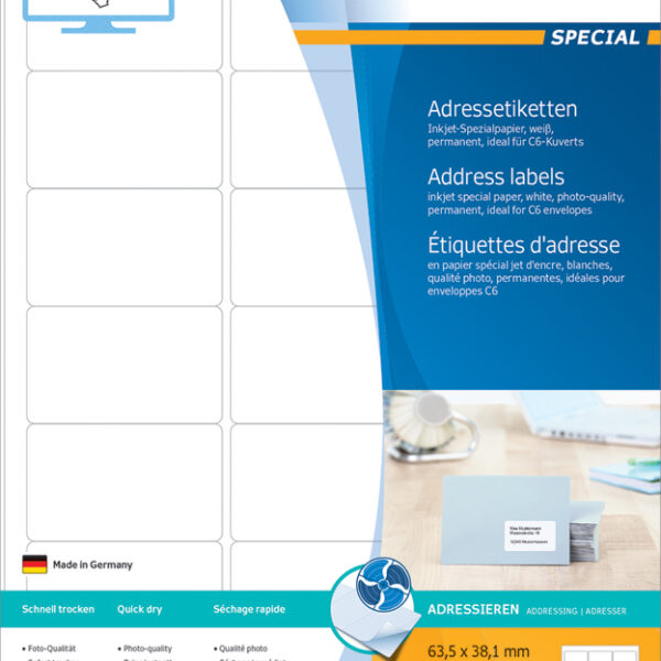 HERMA inkjet verzendetiketten SPECIAL, 63,5 x 38,1 mm, 25 vel A4, permanent, wit