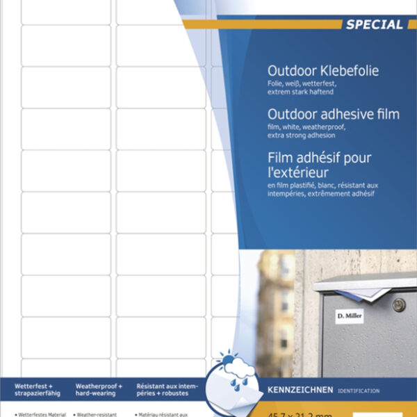 HERMA Outdoor folie-etiketten SPECIAL, 45,7 x 21,2 mm, 10 vel A4, permanent, wit, mat