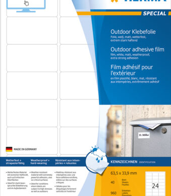 HERMA Outdoor folie-etiketten SPECIAL, 63,5 x 33,9 mm, 40 vel A4, permanent, wit, mat