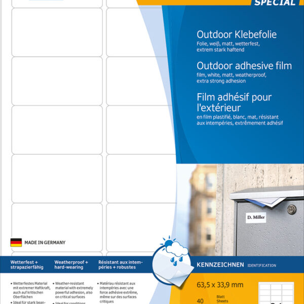 HERMA Outdoor folie-etiketten SPECIAL, 63,5 x 33,9 mm, 40 vel A4, permanent, wit, mat