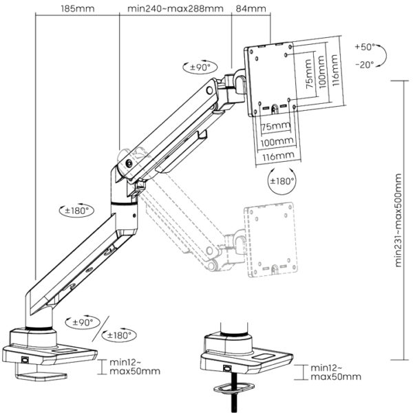 LogiLink monitorarm, aluminium, armlengte: 473 mm, Flat & Curved Screens, zilver
