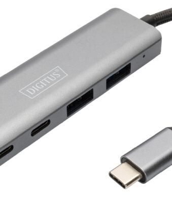 DIGITUS USB-C Hub, 4 poorts, 2x USB A + 2x USB-C, donkergrijs