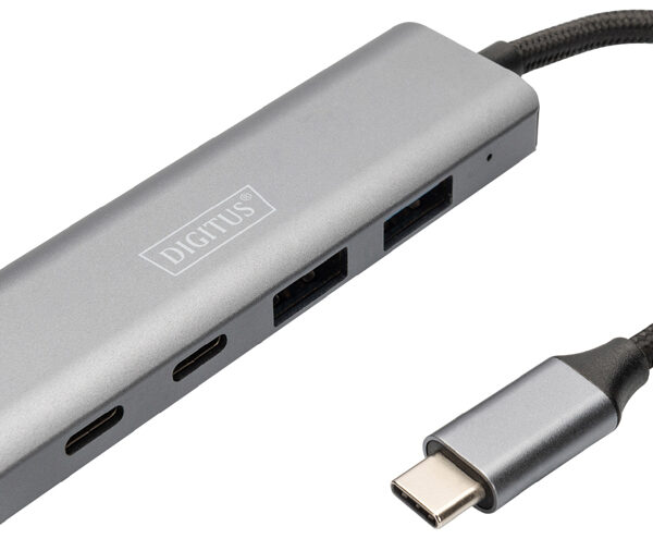 DIGITUS USB-C Hub, 4 poorts, 2x USB A + 2x USB-C, donkergrijs