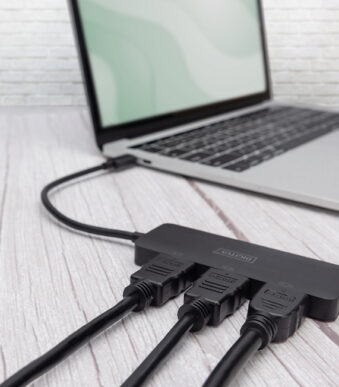DIGITUS MST Video Hub, 3 poorts, USB-C - 3x HDMI, zwart