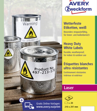 AVERY folie-etiketten weersbestendig, 210 x 297 mm, 20 vel A4, permanent, wit, mat