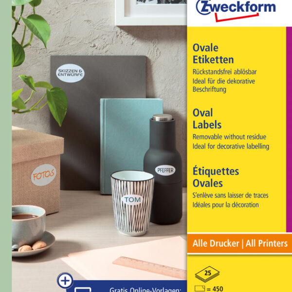 AVERY Stick+Lift etiketten, 63,5 x 42,3 mm, ovaal, 25 vel A4, verwijderbaar, wit