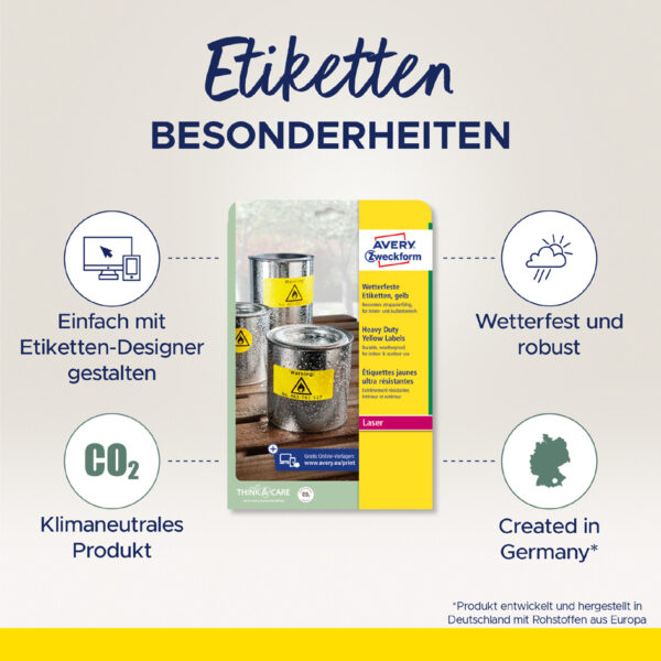 AVERY folie-etiketten, 63,5 x 29,6 mm, 20 vel A4, permanent, geel, mat