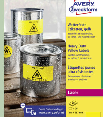 AVERY folie-etiketten, 210 x 297 mm, 20 vel A4, permanent, geel, mat