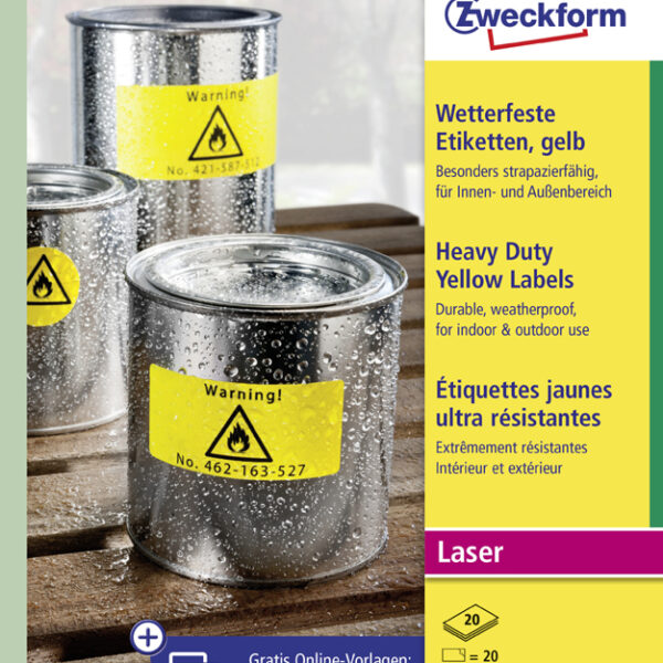 AVERY folie-etiketten, 210 x 297 mm, 20 vel A4, permanent, geel, mat