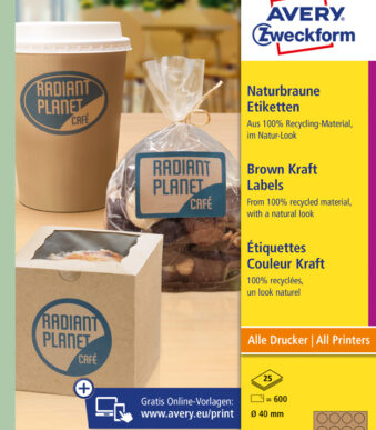 AVERY natuurbruine etiketten, rond 40 mm, 25 vel A4, permanent