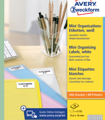 AVERY Mini-etiketten, 25,4 x 10 mm, wit, 25 vel, permanent
