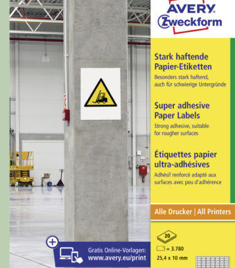 AVERY sterk hechtende papieren etiketten, 25,4x10 mm, 20 vel A4, permanent, wit