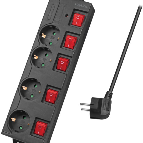 LogiLink stekkerdozenlijst, 4-voudig met 5 schakelaars, zwart