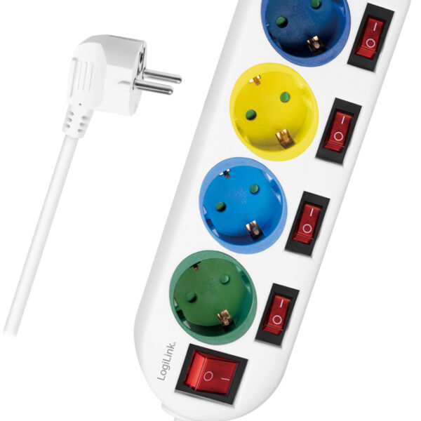 LogiLink stekkerdozenlijst, 4-voudig met 5 schakelaars, meerkleurig