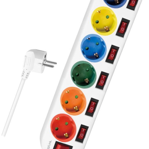 LogiLink stekkerdozenlijst, 6-voudig met 7 schakelaars, meerkleurig