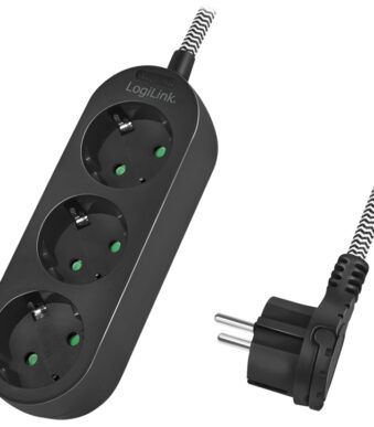 LogiLink stopcontactenlijst, 3-voudig, textielkabel, zwart