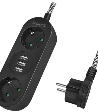 LogiLink stekkerdozenlijst, 2-voudig + 3x USB, zwart