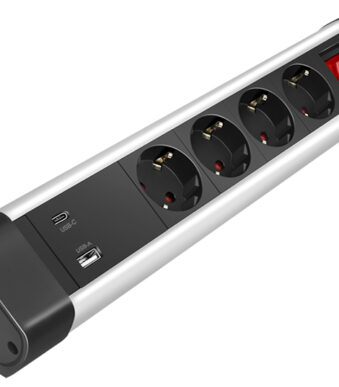 LogiLink desktop-stopcontactenlijst / stekkerdozenlijst, 4-voudig, 2x USB, met schakelaar, zwart/zil