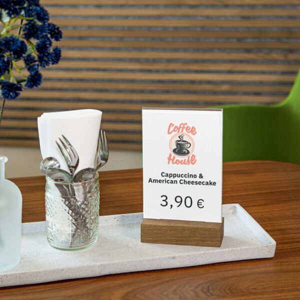 sigel tafelstandaard met houten sokkel, acryl, DIN A6, recht