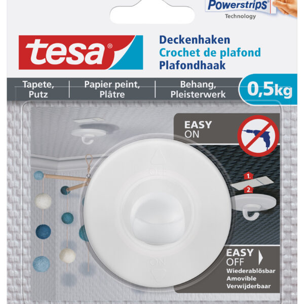 tesa Powerstrips plafondhaak, voor behang en pleisterwerk, 0,5 kg