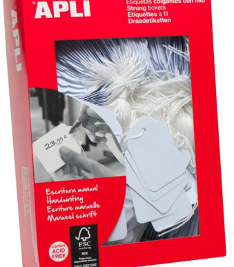 APLI kartonnen label 200 g/m2, 15x24 mm wit, met wit polyester draad