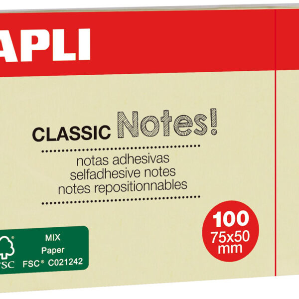 APLI zelfklevende memo's 'CLASSIC Notes!', 75 x 50 mm, geel