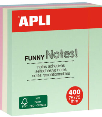 APLI zelfklevende memo kubus 'FUNNY Notes!', 75 x 75 mm, kleuren assorti