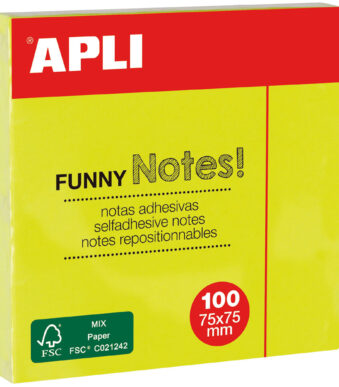 APLI zelfklevende memo's 'FUNNY Notes!', 75 x 75 mm, neongeel