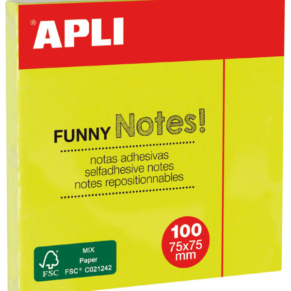 APLI zelfklevende memo's 'FUNNY Notes!', 75 x 75 mm, neongeel