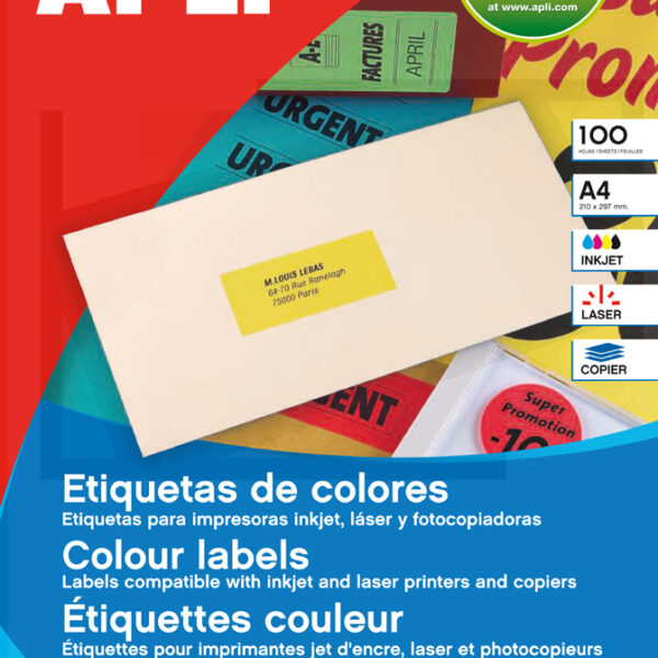 APLI etiketten, 70 x 31 mm, 100 vel A4, permanent, geel