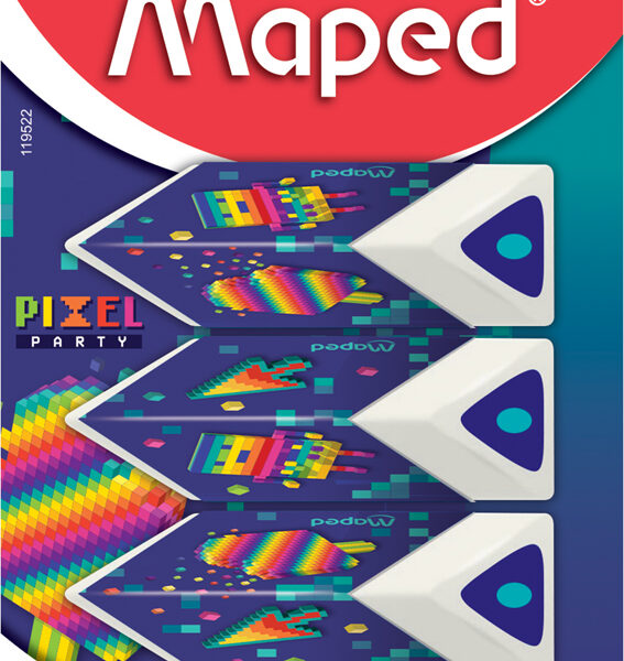 Maped kunststof-vlakgum Pyramide PIXEL PARTY, 3 stuks op blister