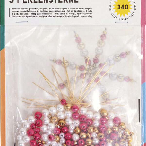 Kralen sterren-set, 340-delig, rood / goud / parelwit.