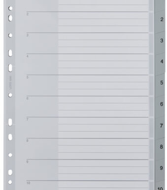 LEITZ kunststof tabbladen, cijfers, A4 overbreed, 1-10, grijs