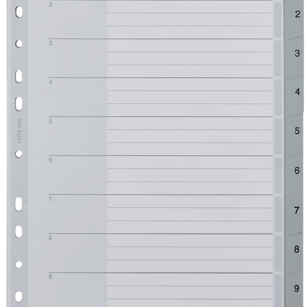 LEITZ kunststof tabbladen, cijfers, A4 overbreed, 1-10, grijs