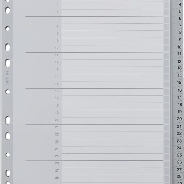 LEITZ kunststof tabbladen, cijfers, A4 overbreed, 1-31, grijs