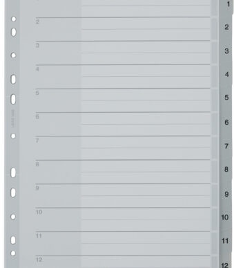 LEITZ kunststof tabbladen, cijfers, A4 overbreed, 1-12, grijs