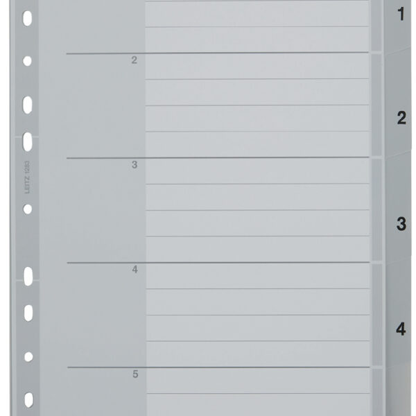 LEITZ kunststof tabbladen, cijfers, A4 overbreed, 1-5, grijs