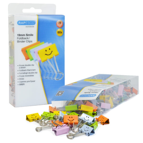 RAPESCO Foldback-papierklem/brievenklem, (B)19 mm, Smiley, kleuren assorti, 80 st.