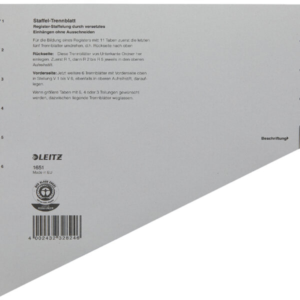 LEITZ staffel-scheidingsbladen, DIN A4 overbreed, grijs