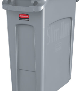 Smalle prullenbak met ventilatiekanalen, grijs.