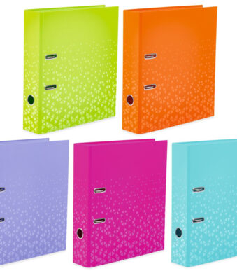 Gekleurde ordners met trendy motieven, gesorteerde kleuren.