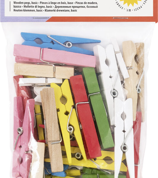 Houten klemmen, diverse maten en kleuren.