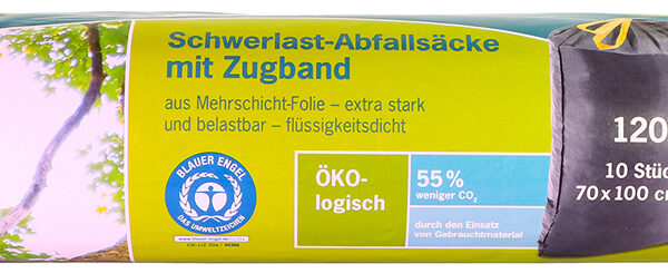 Zware vuilniszak met trekkoord, inhoud 120 liter.
