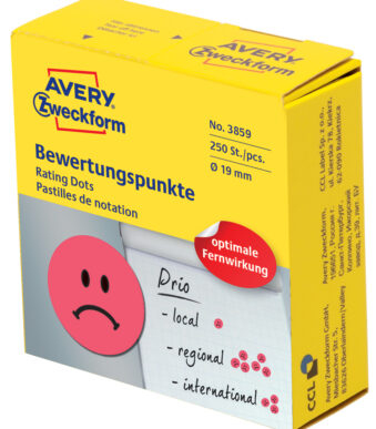 AVERY markeringspunten, Gezicht negatief, rond 19 mm, rood, permanent