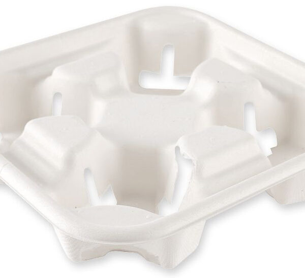 Natuurlijke bekerenhouder viervaks, van suikerriet, wit.