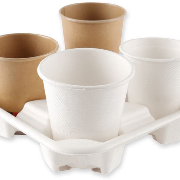 Natuurlijke bekerenhouder viervaks, van suikerriet, wit.