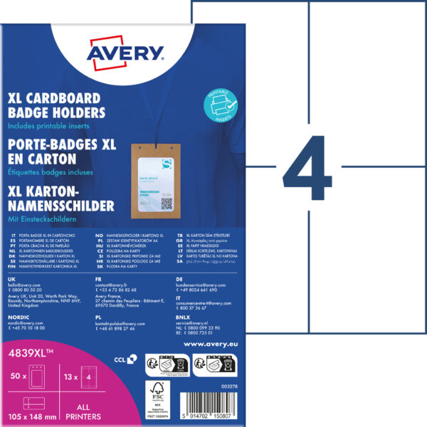 AVERY naambadge-mapje XL, van karton, 105 x 148 mm