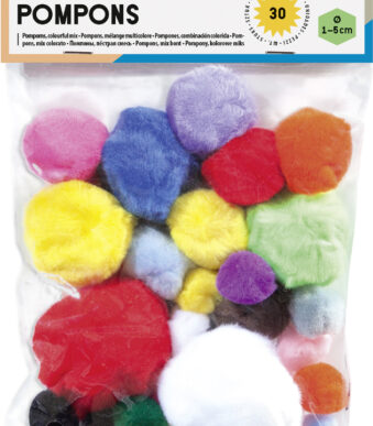 Pom poms, 30 stuks, gemengde maten en kleuren.