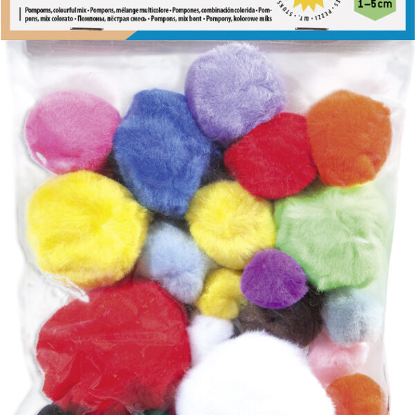 Pom poms, 30 stuks, gemengde maten en kleuren.